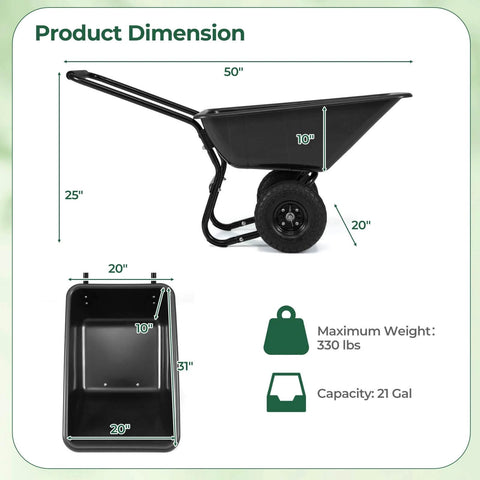 Dual Wheel Wheelbarrow 330 LB Utility Garden Cart with 10 Inch Pneumatic Tires shown with product dimensions and 21-gallon capacity