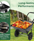 Dual Wheel Wheelbarrow 330 LB Utility Garden Cart with 10 Inch Pneumatic Tires in use, loaded with autumn leaves, showing durability features.
