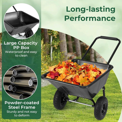 Dual Wheel Wheelbarrow 330 LB Utility Garden Cart with 10 Inch Pneumatic Tires in use, loaded with autumn leaves, showing durability features.