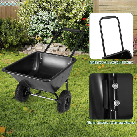 Dual Wheel Wheelbarrow 330 LB Utility Garden Cart with 10 Inch Pneumatic Tires on grass with focus on handle and screw connections.