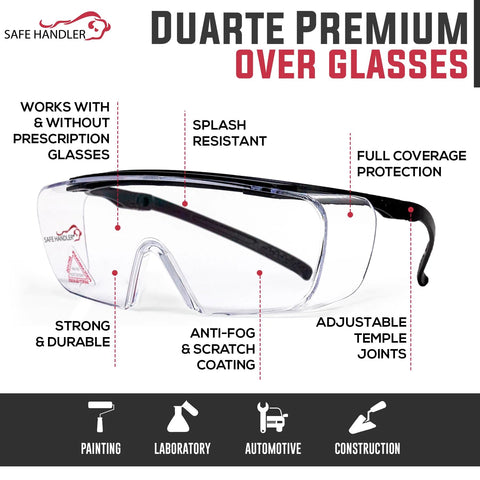 Duarte Premium Over Glasses Safety Eyewear With Anti Fog Lenses ANSI Z87.1, clear polycarbonate lens, full coverage, and adjustable arms