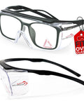 Duarte Premium Over Glasses Safety Eyewear With Anti Fog Lenses ANSI Z87.1, clear polycarbonate lens, black frames, side view