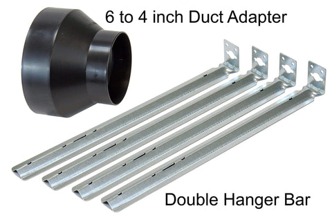 6 to 4 inch duct adapter and double hanger bar for Ultra Quiet 120 CFM Bathroom Exhaust Fan With Energy Star Certification 0.3 Sones For Quiet Performance In Bathrooms Up To 120 Sq Ft Ceiling Opening Size 11 3 8 By 10 1 2 Inches KAZE Appliance SEP120.