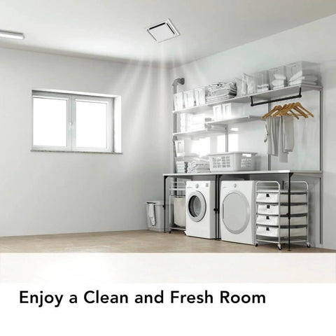 Installed duct free ventilation fan for odor and humidity control white square ceiling or wall exhaust fan in laundry room
