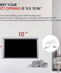 Diagram showing dimensions for Quiet 4 By 10 Inch Register Booster Vent Fan With 10 Speed Smart Remote And Thermostat Control