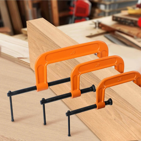 Forward C Clamp Set 3 Piece Heavy Duty Ductile Iron Clamps 3 Inch 4 Inch 6 Inch Kit on wooden surface in workshop