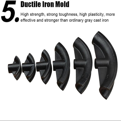 Set of six ductile iron mold dies for heavy duty manual hydraulic pipe bender, different sizes for 22 to 60 mm pipes.