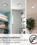 Duct Free Ventilation Fan For Odor And Humidity Control White Square Ceiling Or Wall Exhaust Fan Installed in Various Rooms