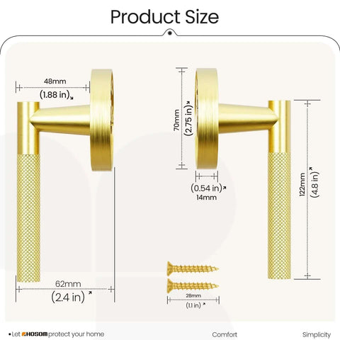 Two Pack Knurled Brushed Gold Dummy Door Handles For Interior Doors with size measurements and installation screws shown
