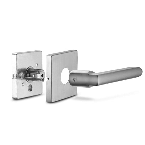 Dummy Lever Door Handles 2 Pack For Closet And French Doors, Slim Square Non Turning, Satin Nickel Finish, Hidden Screws, Side View