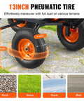 13 inch wheels on 1200 lb 7 Cu Ft Garden Dump Cart with 2 in 1 Convertible Handle, shown on varied terrains like grass and rock.