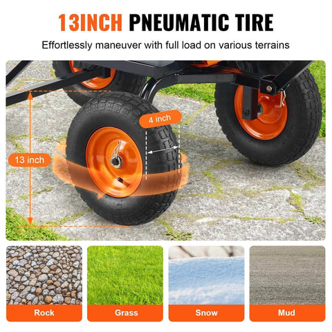 13 inch wheels on 1200 lb 7 Cu Ft Garden Dump Cart with 2 in 1 Convertible Handle, shown on varied terrains like grass and rock.