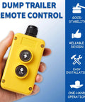 Hand holding a yellow 4 Wire Dump Trailer Remote Control Switch Replacement for 12V DC Double Acting Hydraulic Pumps Up Down Receiver.