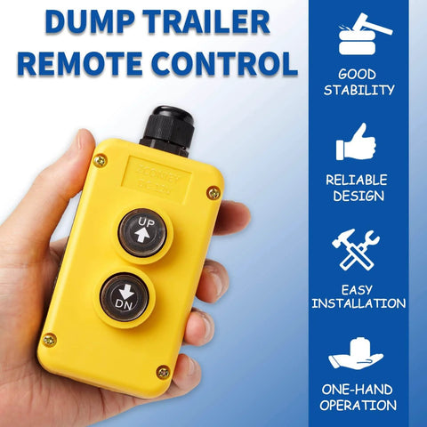 Hand holding a yellow 4 Wire Dump Trailer Remote Control Switch Replacement for 12V DC Double Acting Hydraulic Pumps Up Down Receiver.