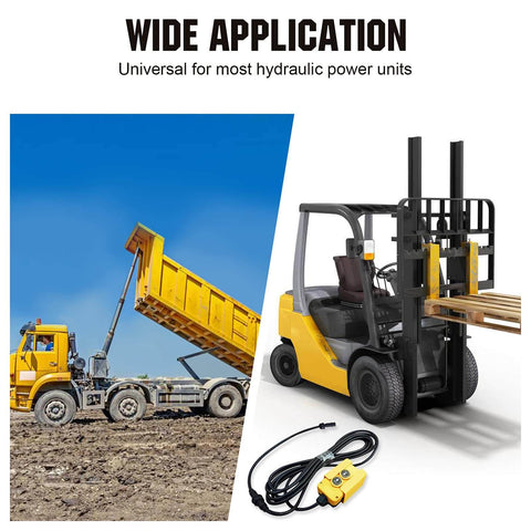 3 Wire Dump Trailer Remote Control Switch For 12V DC Single Acting Hydraulic Pump Power Unit Fits Lift Unloading shown with forklift and dump truck in use