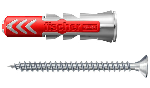 Killer Universal Plug Set With Intelligent TwoComponent Technology For Fastenings In Concrete Bricks Drywall And Chipboard Comes With Fifty Plugs And Fifty Screws One Quarter Inch By Three Sixteenth Inch Six By Thirty Millimeter DuoPower Fischer shown with plug and screw.