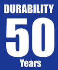 Blue background with bold white text stating 'Durability 50 Years'.