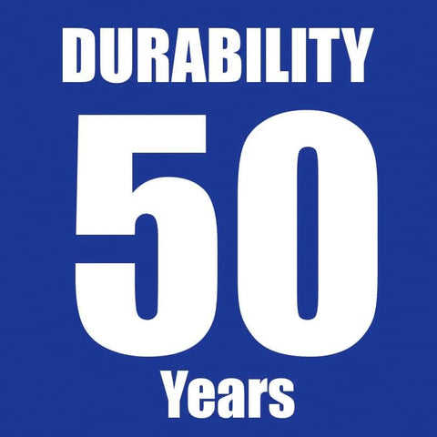 Blue background with bold white text stating 'Durability 50 Years'.