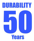 Blue text "Durability 50 Years" on white background indicating longevity of product.