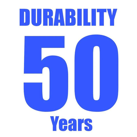 Blue text "Durability 50 Years" on white background indicating longevity of product.