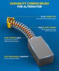Durability carbon brush for alternator with plug connector, high elastic spring, pure copper cable, and electrochemical graphite.