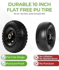 10 Inch Flat Free PU Tire showcasing durable solid rubber design, puncture-proof feature, and flat-free performance.