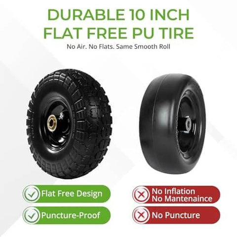 10 Inch Flat Free PU Tire showcasing durable solid rubber design, puncture-proof feature, and flat-free performance.