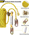 Durable 25 ft rope safety lanyard with vertical lifeline, braided polyester, rope grab, snap hooks, and shock absorber.