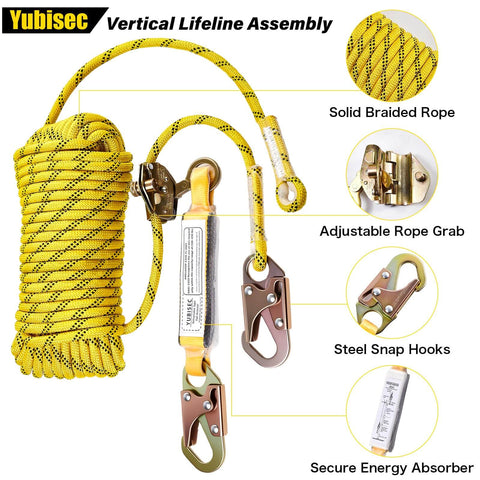 Durable 25 ft rope safety lanyard with vertical lifeline, braided polyester, rope grab, snap hooks, and shock absorber.