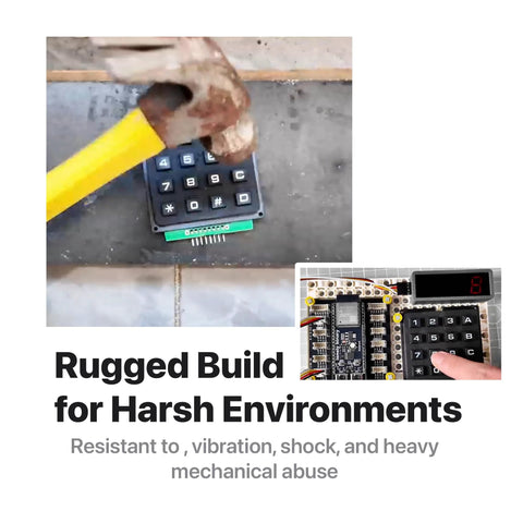 Dual I2C Enabled Heavy Duty 4x4 Matrix Keypad with I2C Bus Adapter being tested for durability with a hammer.