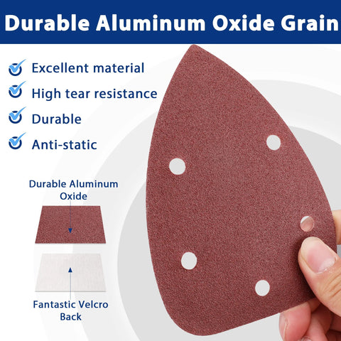 Close-up of Assorted 150Pcs Mouse Sanding Pads 5 Hole Dust Extraction for wood furniture, highlighting aluminum oxide grain.