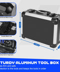 240-Piece Mechanic Tool Set With Heavy Duty Aluminum Toolbox showing reinforced corners, metal lock, interior organizers.