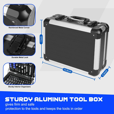 240-Piece Mechanic Tool Set With Heavy Duty Aluminum Toolbox showing reinforced corners, metal lock, interior organizers.