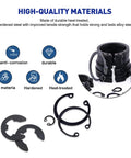 Versatile 450Pcs Circlip Retaining Ring Kit With External And Internal Snap Rings, features black alloy steel rings and durability icons.