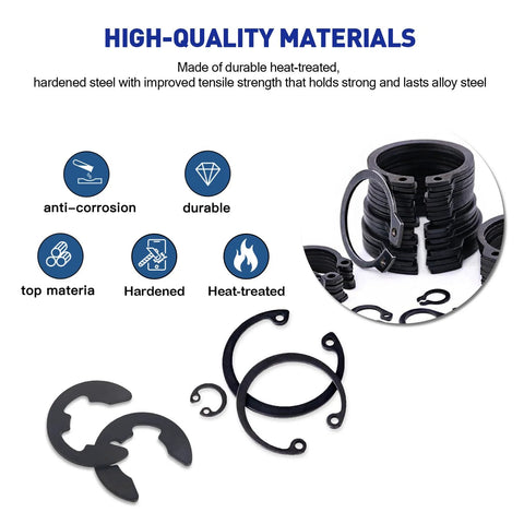Versatile 450Pcs Circlip Retaining Ring Kit With External And Internal Snap Rings, features black alloy steel rings and durability icons.