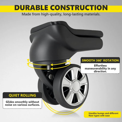 Close-up of Dual Spinner Luggage Wheels Replacement Kit for Suitcase with Left and Right Silver Casters featuring smooth bearings.