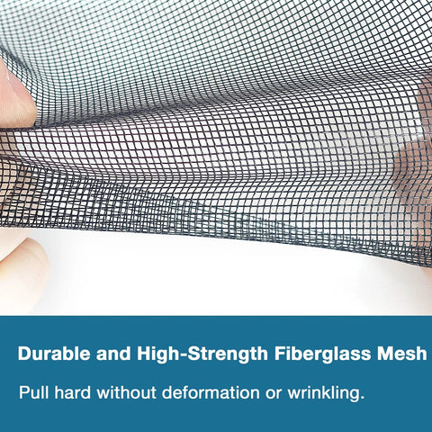 Close-up of hands stretching black adjustable fiberglass window screen mesh kit 48x102 inches showing durability.
