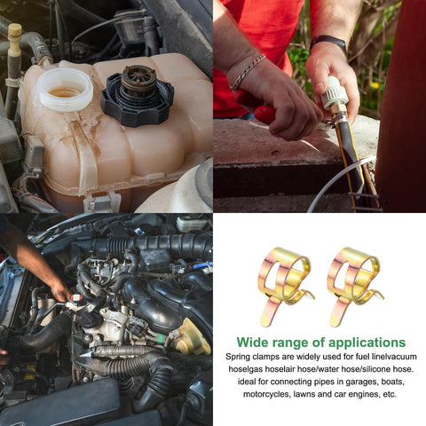 Pack Of 5 5mm ID 3/16 Inch Fuel Line Hose Clips And Spring Clamps For Low Pressure Air Water Vacuum Tubing Pipe Fasteners Durable 65Mn Spring Steel Great For Garage Boats Motorcycles And Cars, shown in various applications on vehicles.