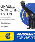 Close-up of blue Retractable Air Hose Reel Three-Eighths Inch By 50-Foot Heavy Duty Premium SBR Hose, showing steel ratchet system.