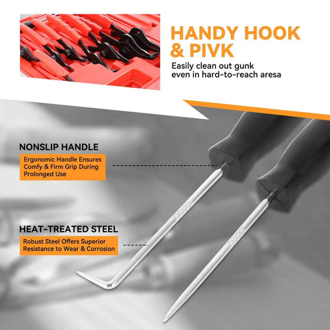 Close-up of hook tools from All In One Snap Ring Pliers Kit For Automotive Repair Heavy Duty 10 Piece Set in storage case