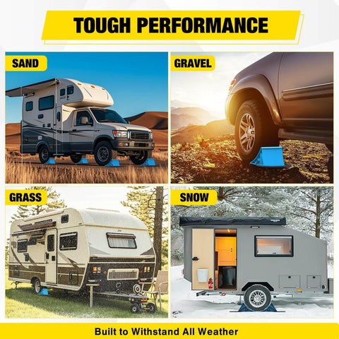 Heavy Duty Wheel Chocks 2-Pack for Cars, Trucks, RVs, Trailers and Motorcycles - Secure, Durable Poly Wheel Stops in various terrains