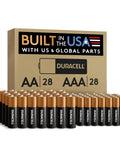 56 Count AA And AAA Alkaline Batteries In A Reclosable Pack with Duracell branding, arranged in front of a box labeled 'Built in the USA'.