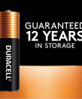 Duracell battery with text highlighting 12-year storage guarantee, part of 56 Count AA And AAA Alkaline Batteries In A Reclosable Pack