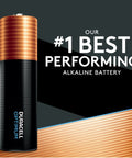 Duracell Optimum AA Battery with 'Our Best Performing Alkaline Battery' text, showcasing power and efficiency.