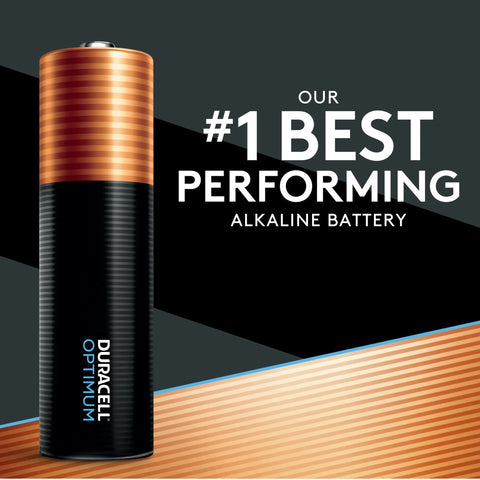 Duracell Optimum AA Battery with 'Our Best Performing Alkaline Battery' text, showcasing power and efficiency.