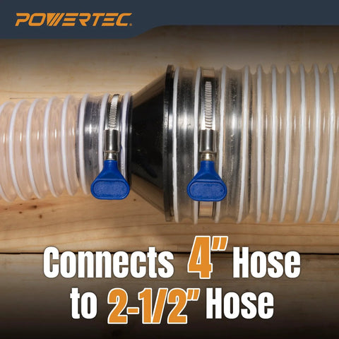 Four Inch To Two And One Half Inch Cone Reducer For Dust Collection Fittings Hose To Hose Connection shown connecting two hoses
