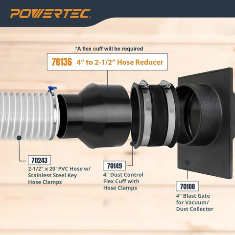 Four Inch To Two And One Half Inch Cone Reducer For Dust Collection Fittings Hose To Hose Connection with hoses and clamps