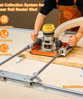 Person using Workhorse Linear Rail Router Sled Connector with dust collection on 20mm rails with SpeTool plate and dust port.
