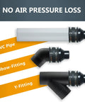 PVC pipe, elbow-fitting, and Y-fitting with stainless steel clamps for dust collection system, ensuring no air pressure loss.