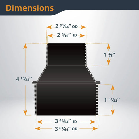 Four Inch To Two And One Half Inch Cone Reducer For Dust Collection Fittings Hose To Hose Connection dimensions diagram.